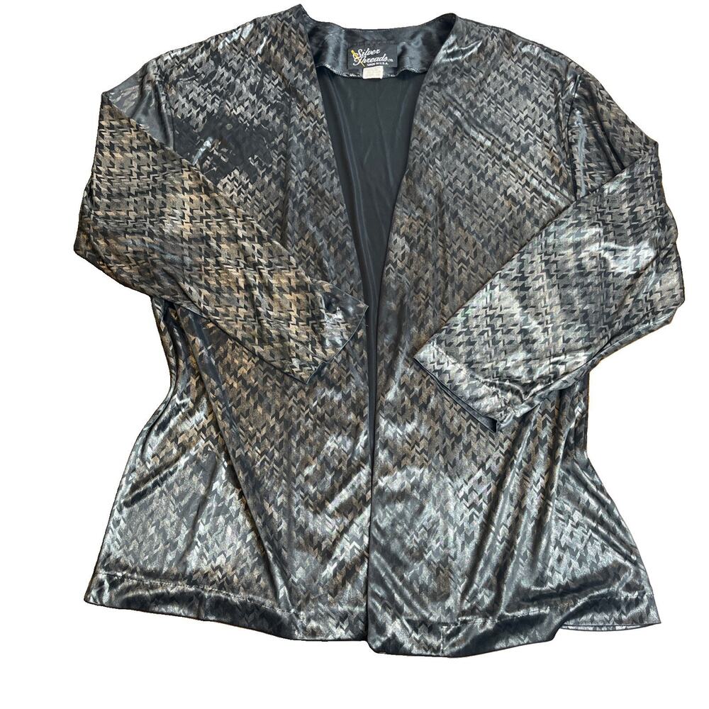 VNT Medium Open Cardigan Silver & Black Chevron Print Shiny Disco 80s Whimsy USA